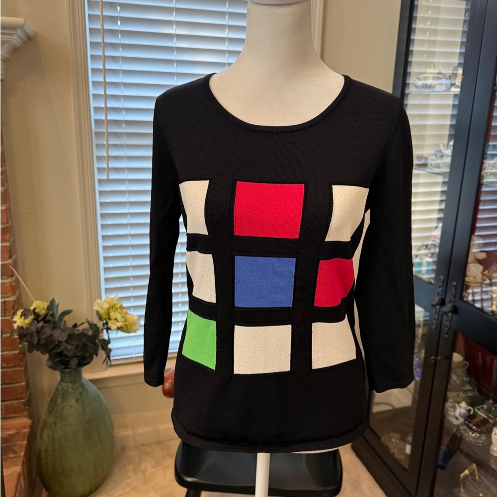 Carlisle black with pink blue green white squares 3/4 sleeve sweater medium